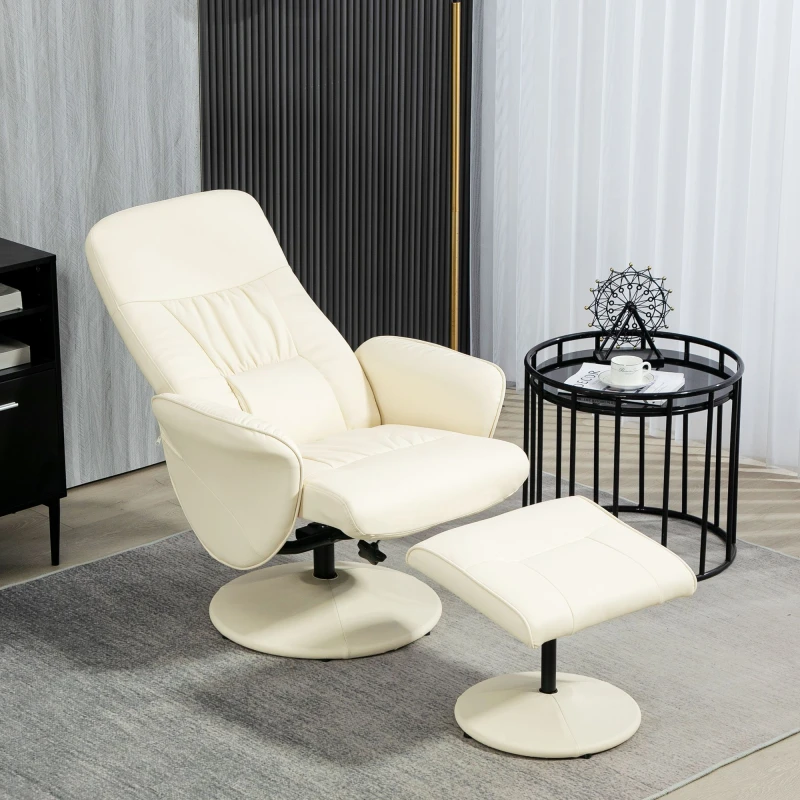 Image of HOMCOM 2 Pcs Reclining Armchair Ottoman 360° Swivel Home Furniture PU Leather Cream