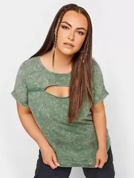 Image of Yours Cut Out T-Shirt Khaki Acid Wash, Green, Size 18, Women