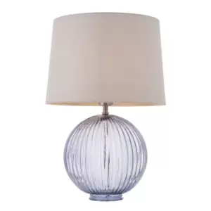 Image of Table Lamp Smokey Grey Ribbed Glass & Natural Linen 40W E27 Bedside Light