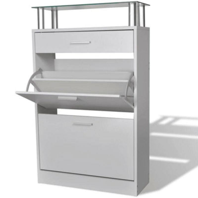 Image of Vidaxl Shoe Cabinet With A Drawer And A Top Glass Shelf Wood White