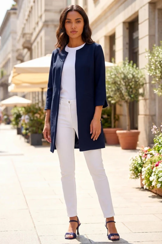 Image of Roman 3/4 Sleeve Textured Longline Smart Jacket Navy