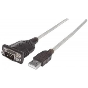 Image of Manhattan USB-A to Serial Converter cable 1.8m Male to Male Serial/RS232/COM/DB9 Prolific PL-2303RA Chip Black/Silver cable Polybag