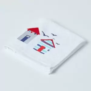 Image of White and Blue Beach Hut Face Cloth - White - Homescapes