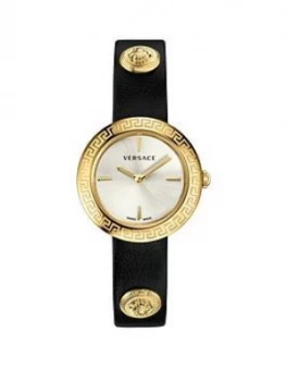 Image of Versace Silver Sunray And Gold Detail Dial Grey Leather Wrap Strap Ladies Watch