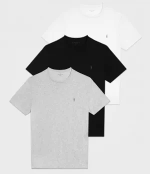 Image of AllSaints Mens Slim Fit Cotton Pack of 3 Short Sleeve Tonic Crew T-Shirts, White, Black and Grey, Size: L