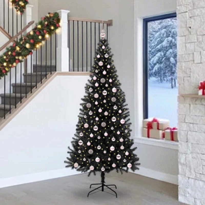 Image of vidaXL Christmas Tree with 300 LEDs, Pink Balls with Stand Black 240cm PVC, Black 3396498