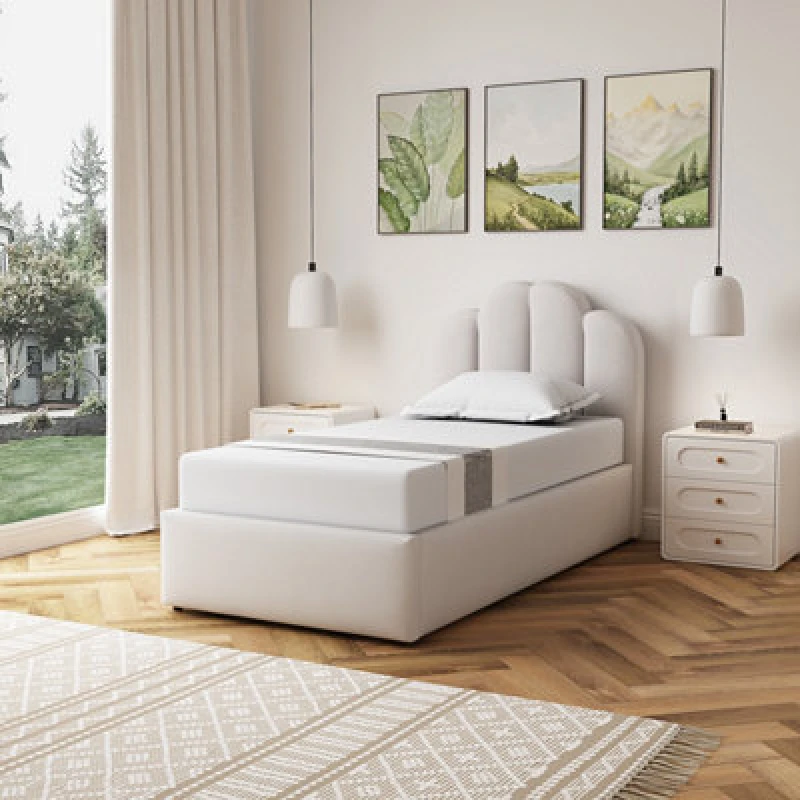 Image of Artemis Home Ranson Fabric 90cm Single Ottoman Bed Frame with Storage - Beige Beige Unisex Single