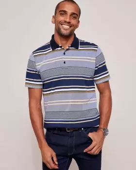 Image of Cotton Traders Mens Signature Short Sleeve Birdseye Stripe Polo Shirt in Blue