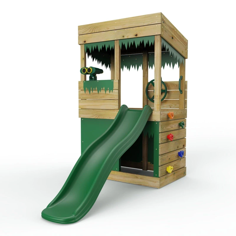 Image of Rebo Wooden Lookout Tower Playhouse with 6ft Slide - Max Set Natural