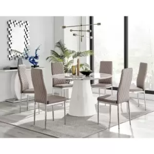Image of Furniturebox Palma White Marble Effect 120cm Round Minimalist Dining Table & 6 Cappuccino Milan Chrome Leg Faux Leather Chairs