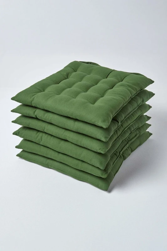 Image of Homescapes Plain Seat Pad with Button Straps, 40 x 40cm, Set of 6 Dark Olive