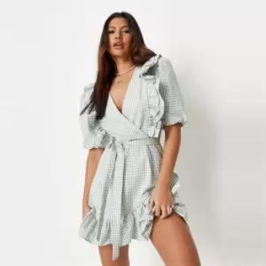Image of Missguided Wrap Dress Ss Gingham - Green