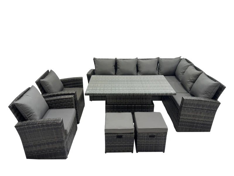 Image of Fimous 10 Seat Rattan Garden Furniture Corner Sofa Set with 2 Small Footstool in Dark Grey Dark Grey Unisex