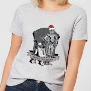 Image of Star Wars Happy Holidays Droids Womens Christmas T-Shirt - Grey - 5XL