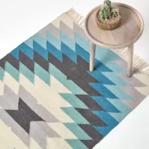 Image of HOMESCAPES Helsinki Handwoven Geometric Pattern Blue Grey and Cream Kilim Wool Rug, 90 x 150cm - Blue