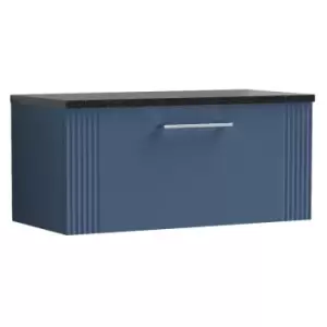 Image of Deco Satin Blue 800mm Wall Hung Single Drawer Vanity Unit with Sparkling Black Laminate Worktop - DPF396LSB - Satin Blue - Nuie
