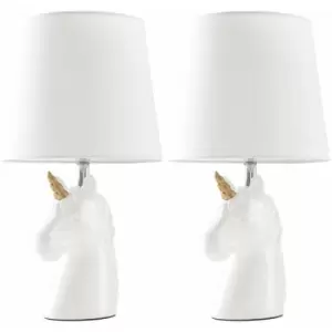 Image of 2 x White & Gold Ceramic Unicorn Table Lamps White Light Shade - No Bulbs
