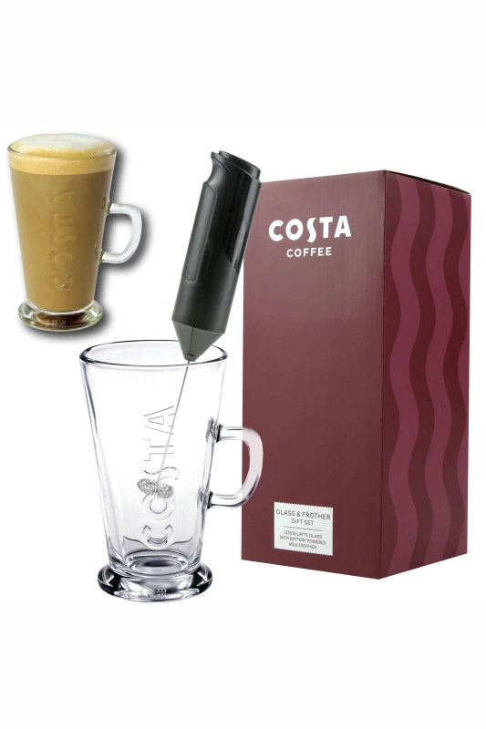 Image of Kimm and Miller (UK) Ltd Kimm and Miller (UK) Ltd Costa Coffee Latte Glass & Milk Frother Gift Set in Clear Size: 550g Clear 550g Unisex 50554754621