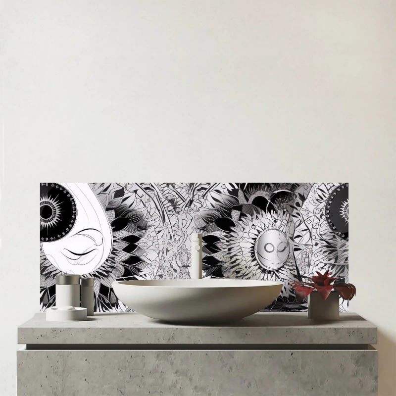 Image of Warren Reed - Designer Abstract Moon & Sun Glass Bathroom Splashback in Grey Grey Unisex