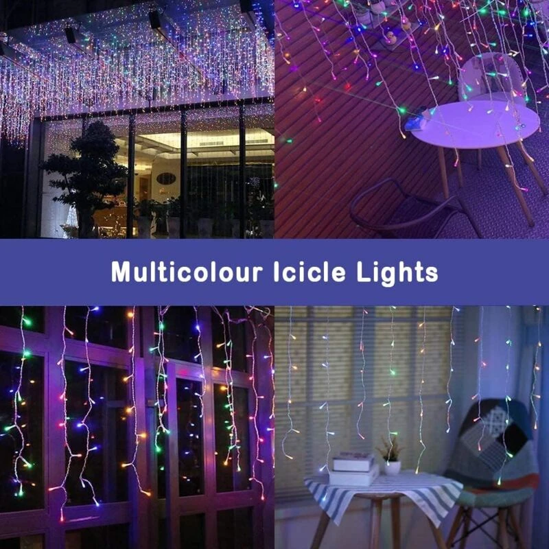 Image of Shatchi 960 Multicolour ICICLE LED Lights clear Cable with 8 Effects Multifunction Auto Memory Indoor/Outdoor Christmas Multi