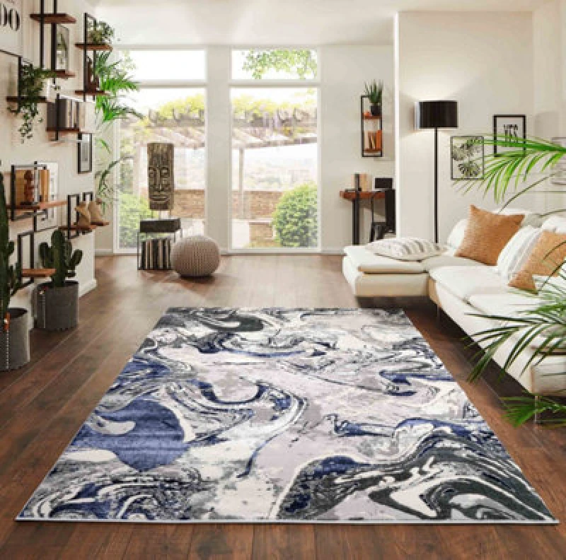 Image of Solarius Modern Living Room Rug - Abstract Area Rugs Navy 120X170 Cm
