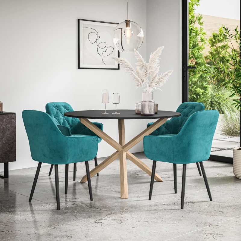 Image of More4Homes Malvern Round Dining Table And Chairs - Black Table Top W Solid Oak Legs + Anika Velvet Dining Chair Set Of 4 (Blue)