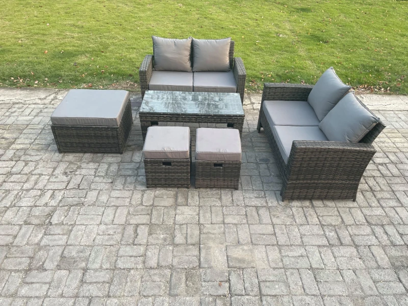 Image of Fimous 7 Seater High Back Rattan Garden Furniture Sofa Sets with Rectangular Coffee Table 3 Footstools Loveseat Sofa Dark Grey Mixed Dark Grey Unisex
