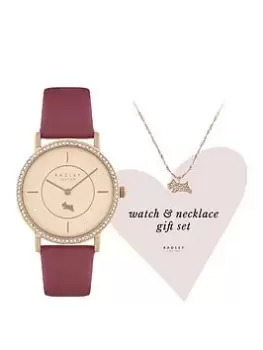 Image of Radley Ladies Raspberry Stone Set Strap Watch And 18Ct Rose Gold Clear Stone Necklace Gift Set