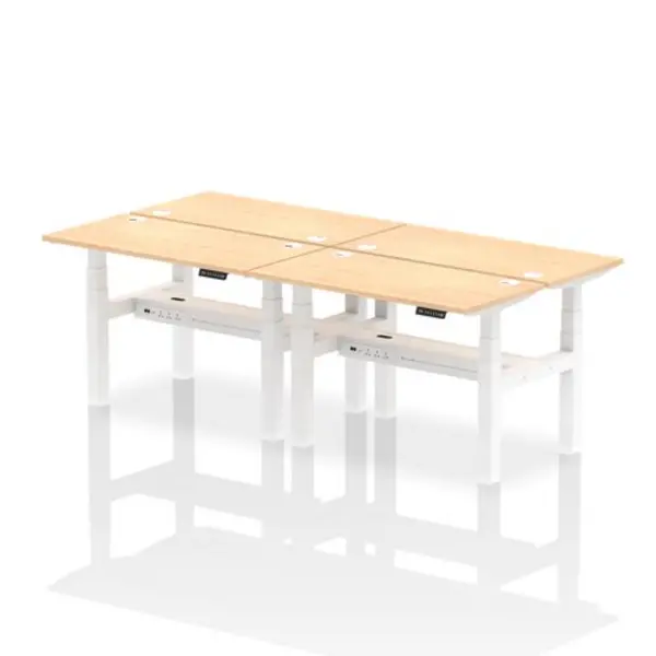 Image of Air Air Back-to-Back 1200 x 600mm Height Adjustable 4 Person Bench Desk Maple Top with Cable Ports White Frame HASCP4P12600MPEW