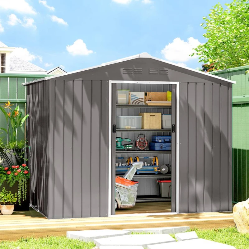 Image of Outsunny 8 x 6ft Garden Storage Shed with Double Door, Light Grey 845-429V01GY