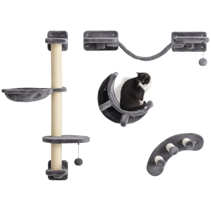 Image of PawHut 4 Piece Cat Wall Furniture w/ Hammock, Ladder, Platforms - Dark Grey D30-729V80CG