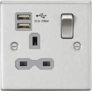 Image of KnightsBridge 13A 1G Switched Socket Dual USB Charger (2.1A) with Grey Insert - Square Edge Brushed Chrome