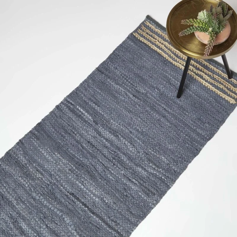 Image of HOMESCAPES Homescapes - Grey Recycled Leather Handwoven Stripe Rug, 66 x 200cm RU1412B