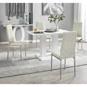 Image of Furniturebox Imperia 4 High Gloss White Modern Dining Table and 4 Cream Milan Faux Leather Dining Chairs With Silver Legs Diamond Stitch Modern
