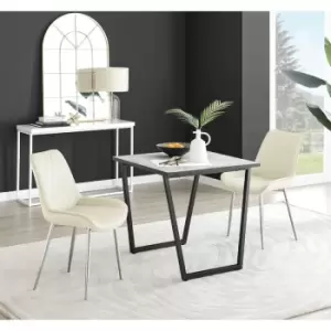 Image of Furniturebox UK - Furniturebox Carson White Marble Effect Square Dining Table & 2 Cream Pesaro Silver Leg Velvet Chairs
