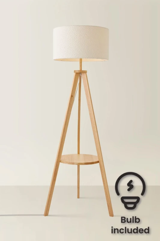 Image of ValueLights Morrigan Light Wood Tripod Floor with Boucle Shade with Bulb Cream