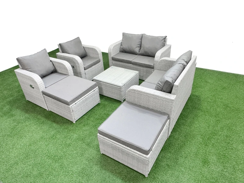 Image of Fimous 8 Seater Outdoor Reclining Chair Love Sofa Set Rattan Garden Furniture Set with Square Coffee Table 2 Big FootStools Light Grey Light Grey