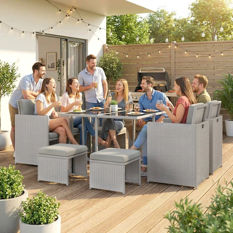 Image of OUTSUNNY 8 Seater Cube Rattan Garden Dining Set with Cushions, Light Grey Light Grey Unisex