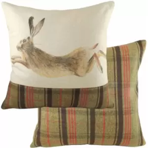 Image of Evans Lichfield - Hunter Leaping Hare Tartan Panel Cushion Cover, Multi, 43 x 43 Cm