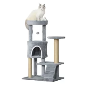 Image of PawHut 100cm Cat Tree Tower Condo Multi Platform Kitty Cat Center with Climbing Ladder Scratching Post Hanging Toy Ball, Light Grey