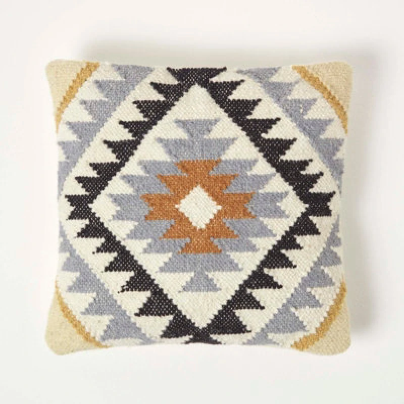 Image of Homescapes Handwoven Kilim Cushion with Feather Filling Gold