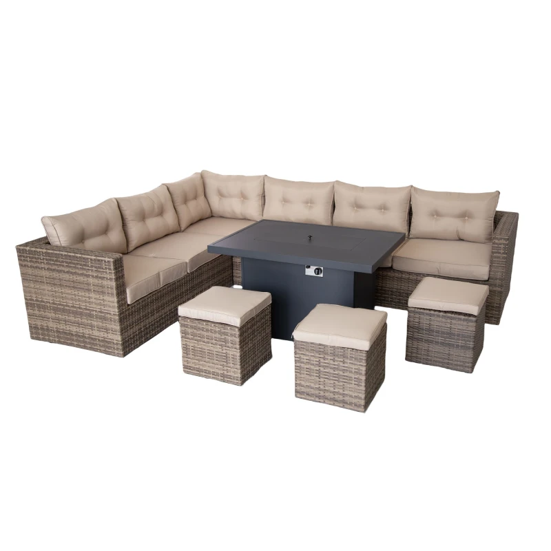 Image of FURNITURE ONE Rattan Corner 9 Seater Fire Pit Table Set in Natural Natural Unisex