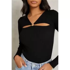 Image of I Saw It First Black Ribbed Knit Cut Out Ring Detail Long Sleeve Top - Black