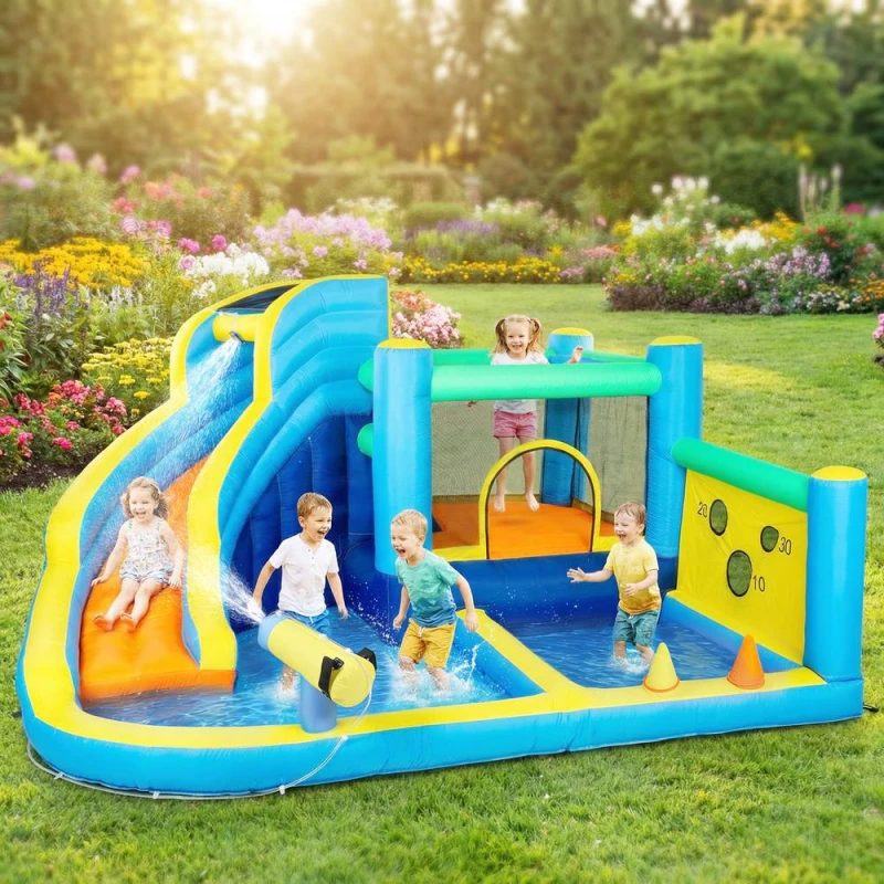 Image of AIYAPLAY 8 in 1 Bouncy Castle for Kids, Inflatable Bounce House with Slide Multicolor Unisex