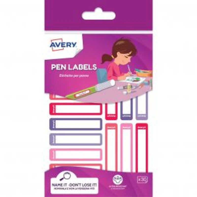 Image of Avery Stationery Pen Labels 50mm x 10mm Pink And Purple (Pack 30) - RESMI30F.UK