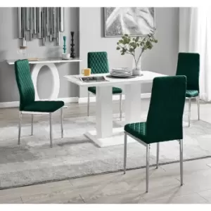 Image of Furniturebox UK - Furniturebox Imperia 4 High Gloss White Modern Dining Table and 4 Green MMilan Faux Leather Dining Chairs With Silver Legs Diamond