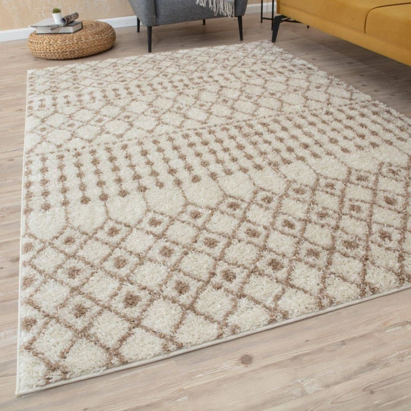 Image of THE RUGS Soft Moroccan Diamond Shaggy Rugs & Runners Ivory Beige Living Room Size: 120cm x 170cm Ivory Unisex 120cm x 170 cm