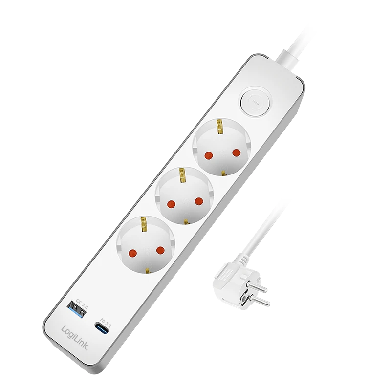 Image of LogiLink Outlet Strip. 3 safety sockets. w/ 1x USB-A. 1x USB-C. 20W PD