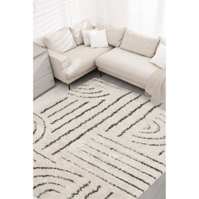 Image of Melrose Voyage Shaggy Ivory Lines Patterned Indoor Medium Area Rug 120/170Cm