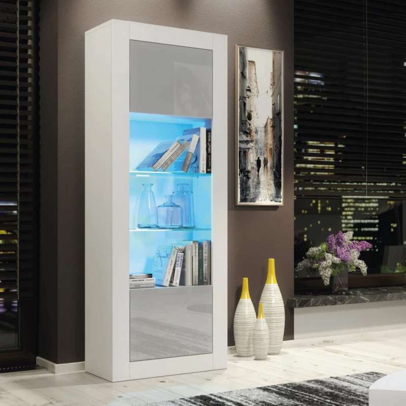 Image of Mex Furniture LTD Display Cabinet with LED Lighting & Gloss Doors / 170cm in Light Grey Light Grey Unisex